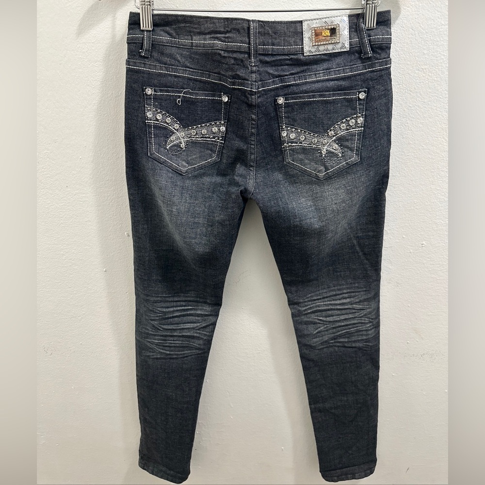 I&M Jeans Dark Mid Wash Embroidered /Rhinestones Skinny Jeans Y2K Junior Size 7